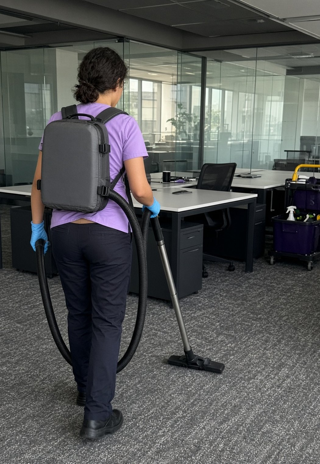 Luzelite cleaner vacuuming office carpet with a backpack vacuum in a GTA office