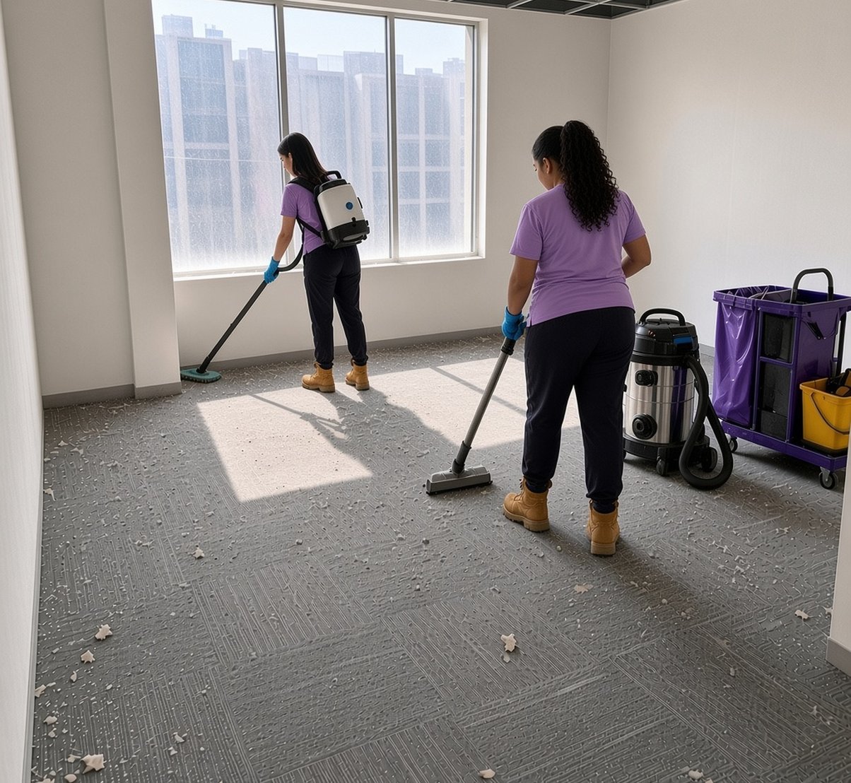 Crew vacuuming drywall dust with HEPA vacuums